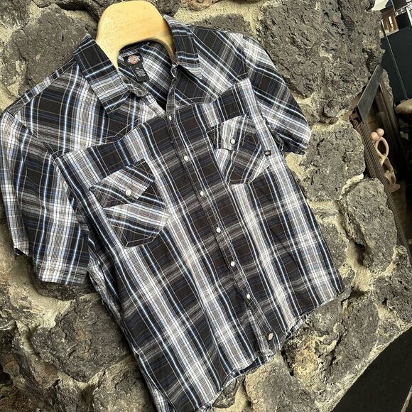 Dickies Shirt Men's Large XXL Blue Plaid Short Sleeve Pocket Button Workwear - Picture 6 of 10